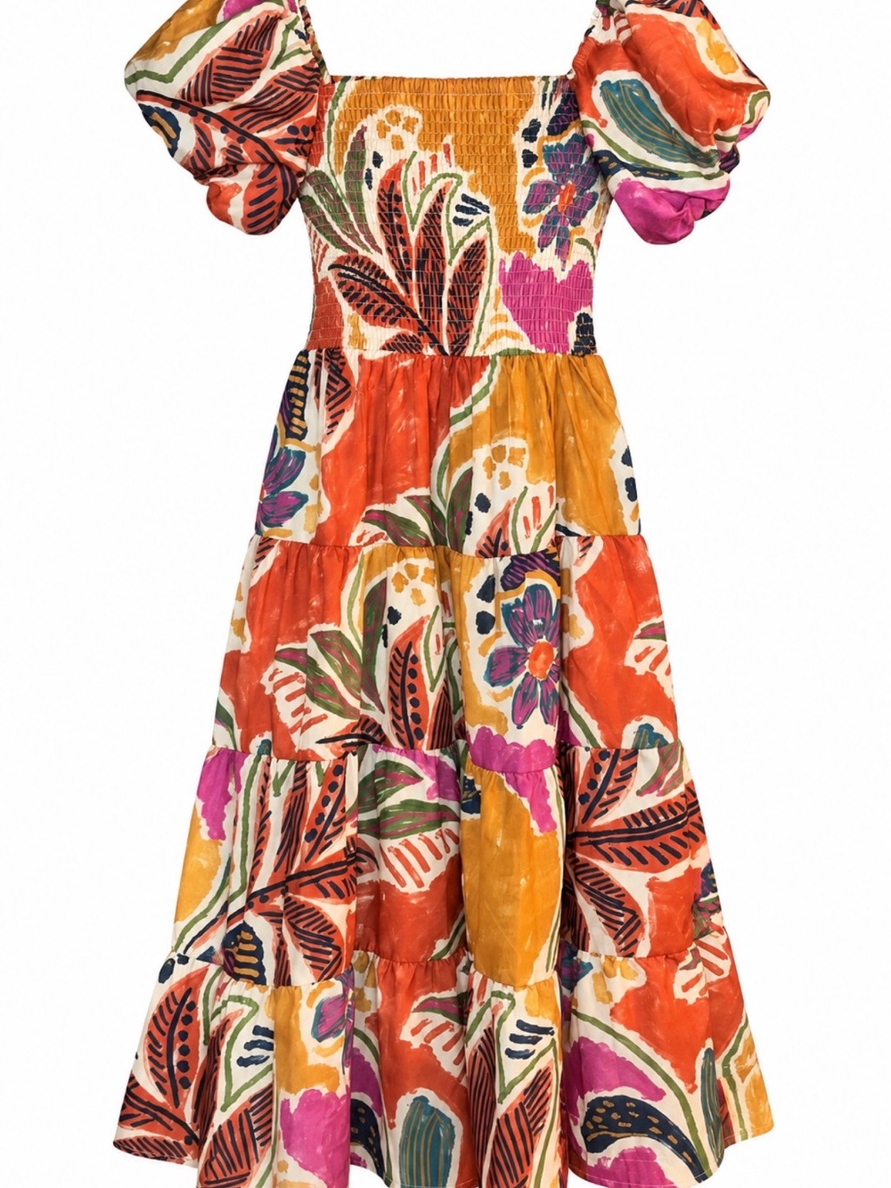 Girls' Floral Puff-Sleeve Tiered Dress in Orange & Pink